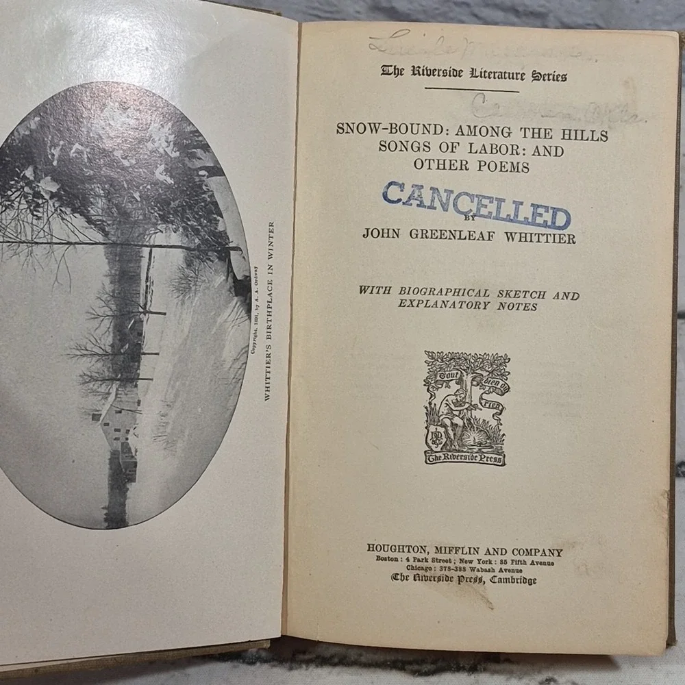 Whittier's Snow-Bound and Other Poems Vintage 1898 Riverside Literature Series